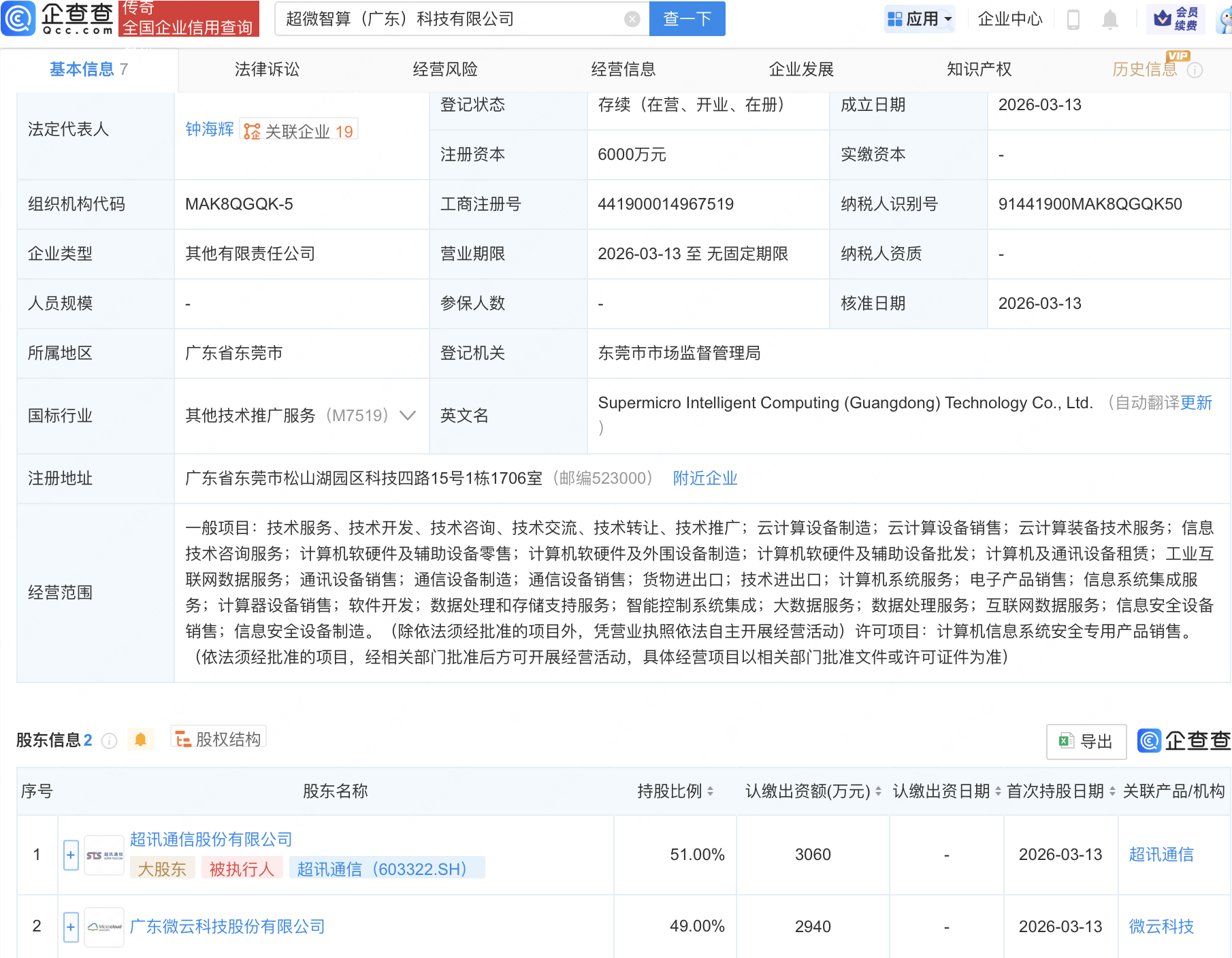 超讯通信等成立超微智算科技公司