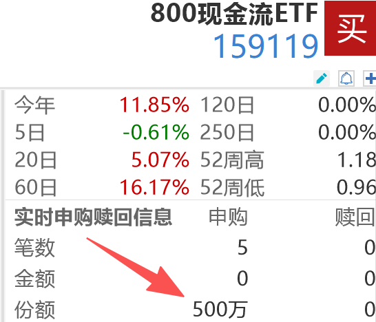 明日派息！年内二次分红在即，800现金流ETF（159119）盘中净流入超560万