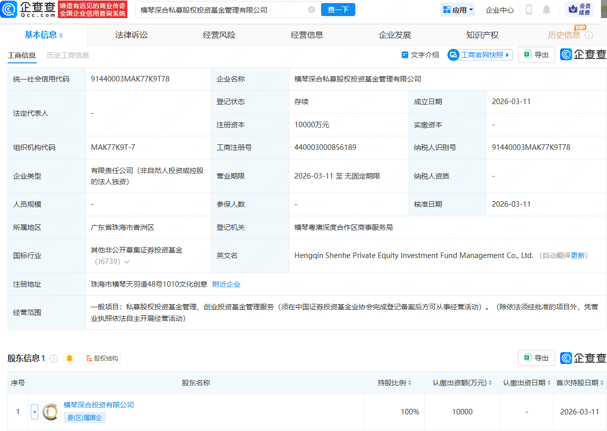 横琴深合私募股权投资基金管理公司成立
