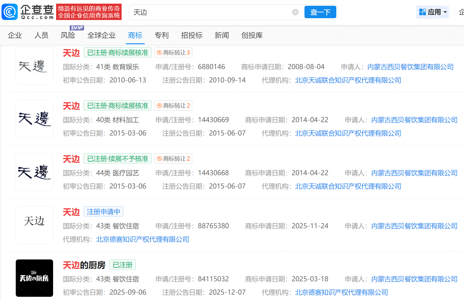 贾国龙创办新品牌天边，西贝已注册多枚天边商标