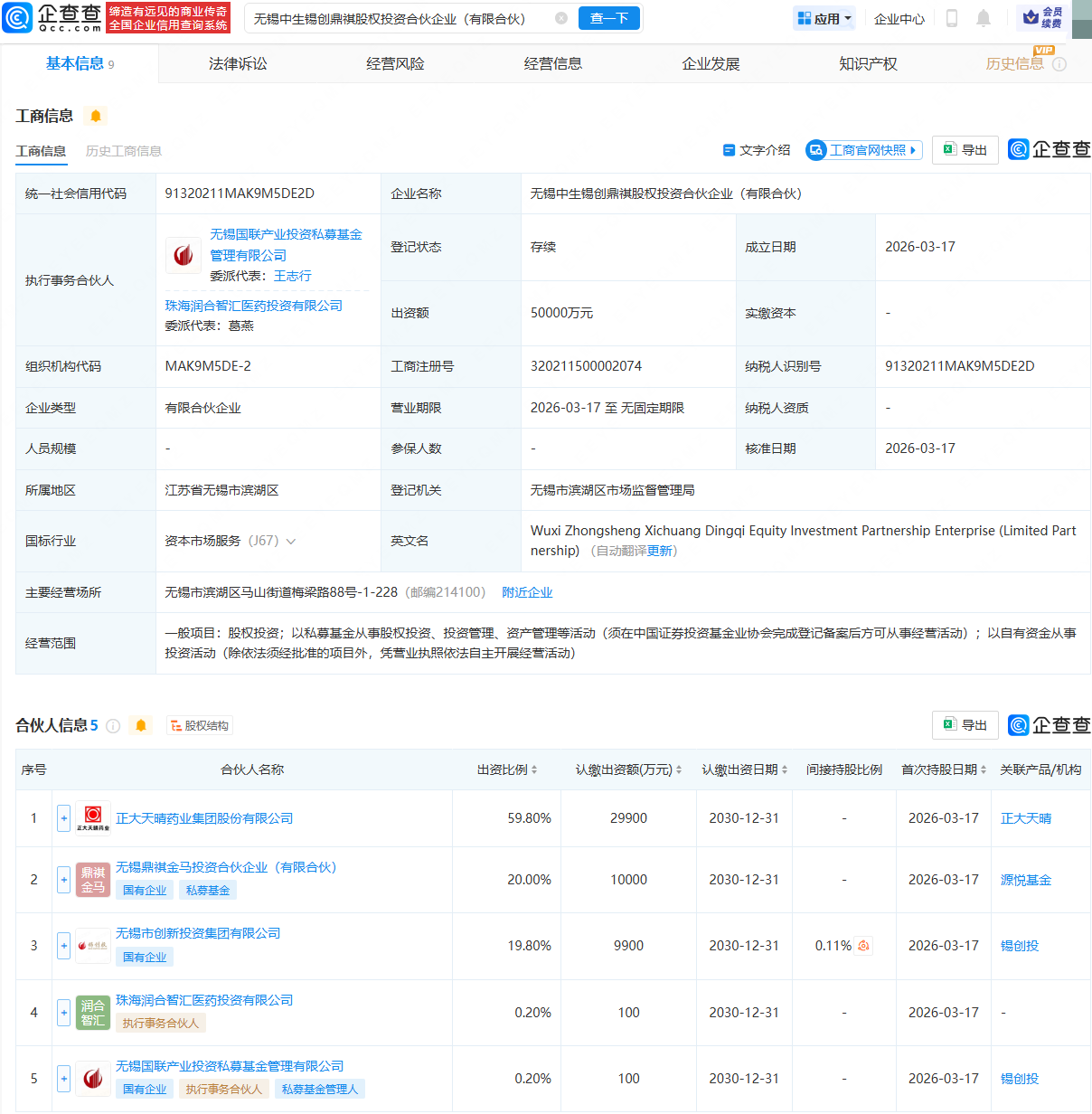 正大天晴等在无锡成立股权投资合伙企业