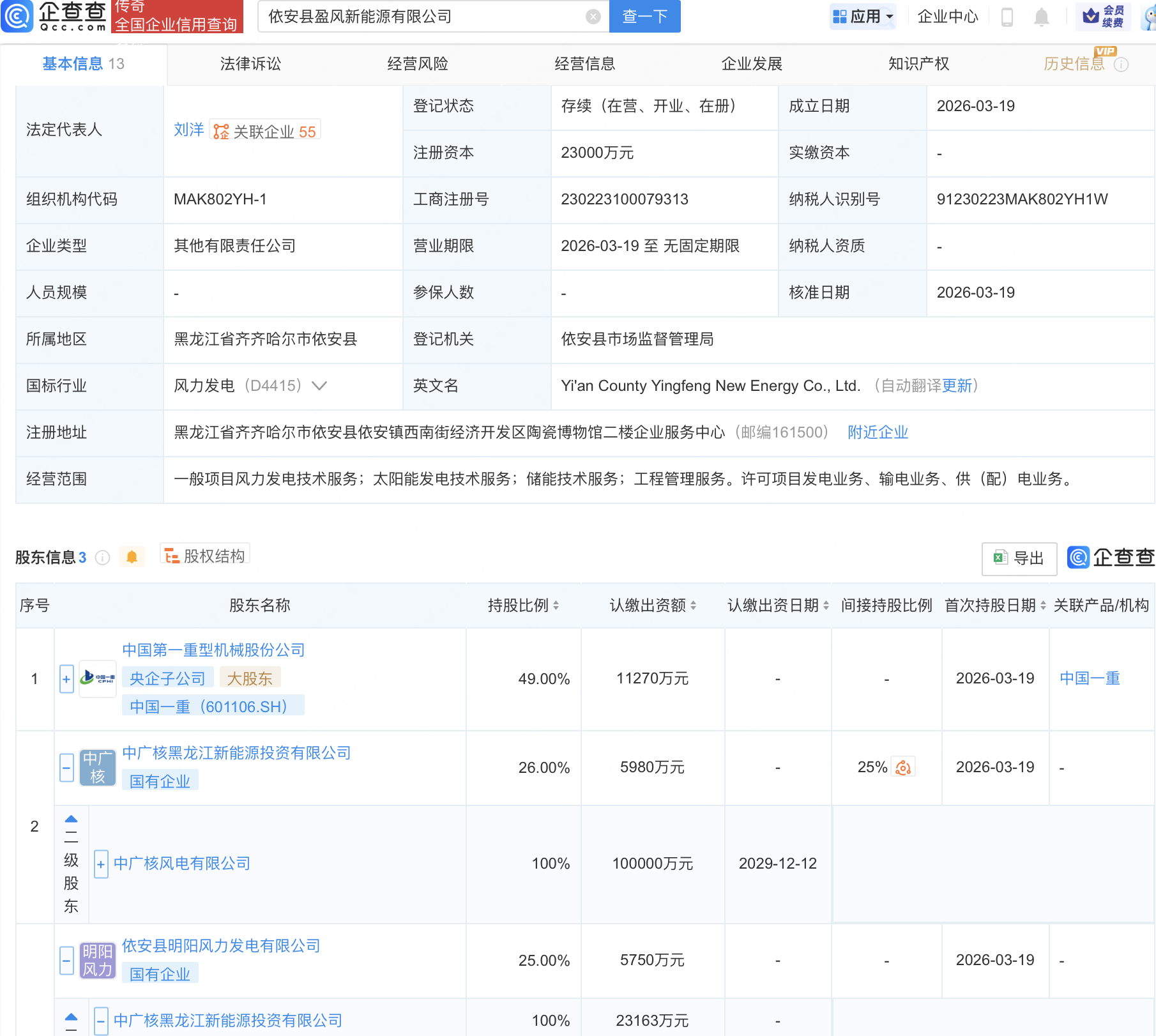中国一重、中广核风电成立两家新能源公司