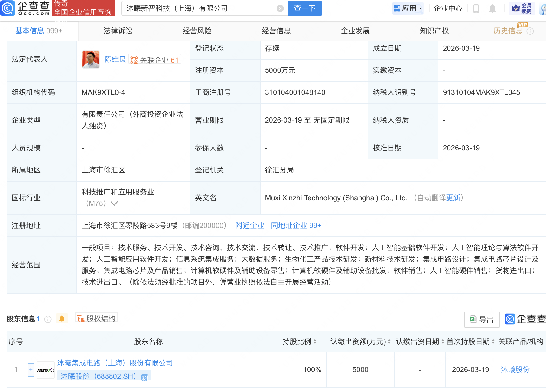 沐曦股份在上海成立新智科技子公司
