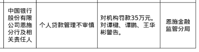 中国银行恩施分行被罚35万,涉个人贷款管理不审慎