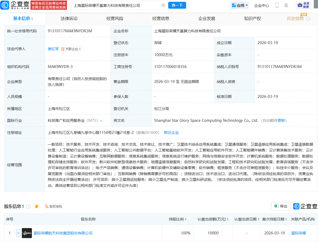 星际荣耀成立算力科技公司,注册资本1亿元