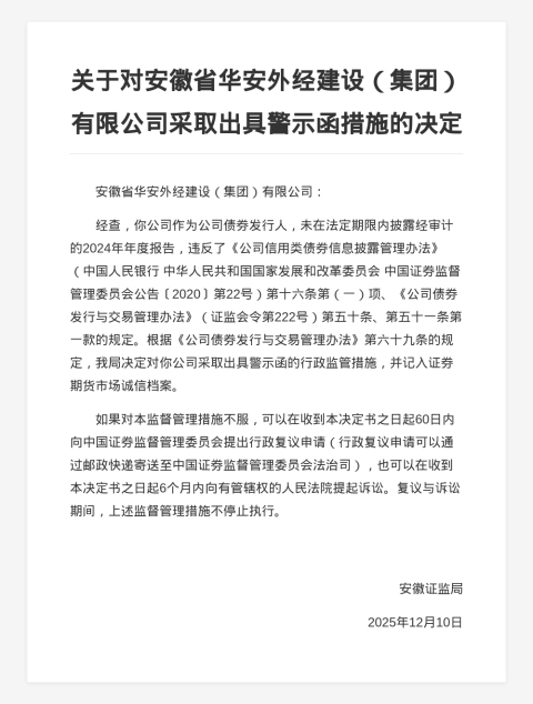 安徽省华安外经建设集团被出具警示函,涉未披露年报