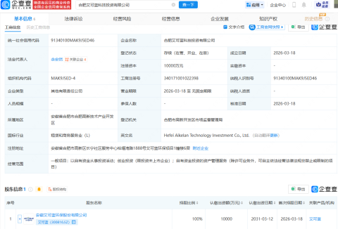 艾可蓝新设科技投资公司,注册资本1亿元
