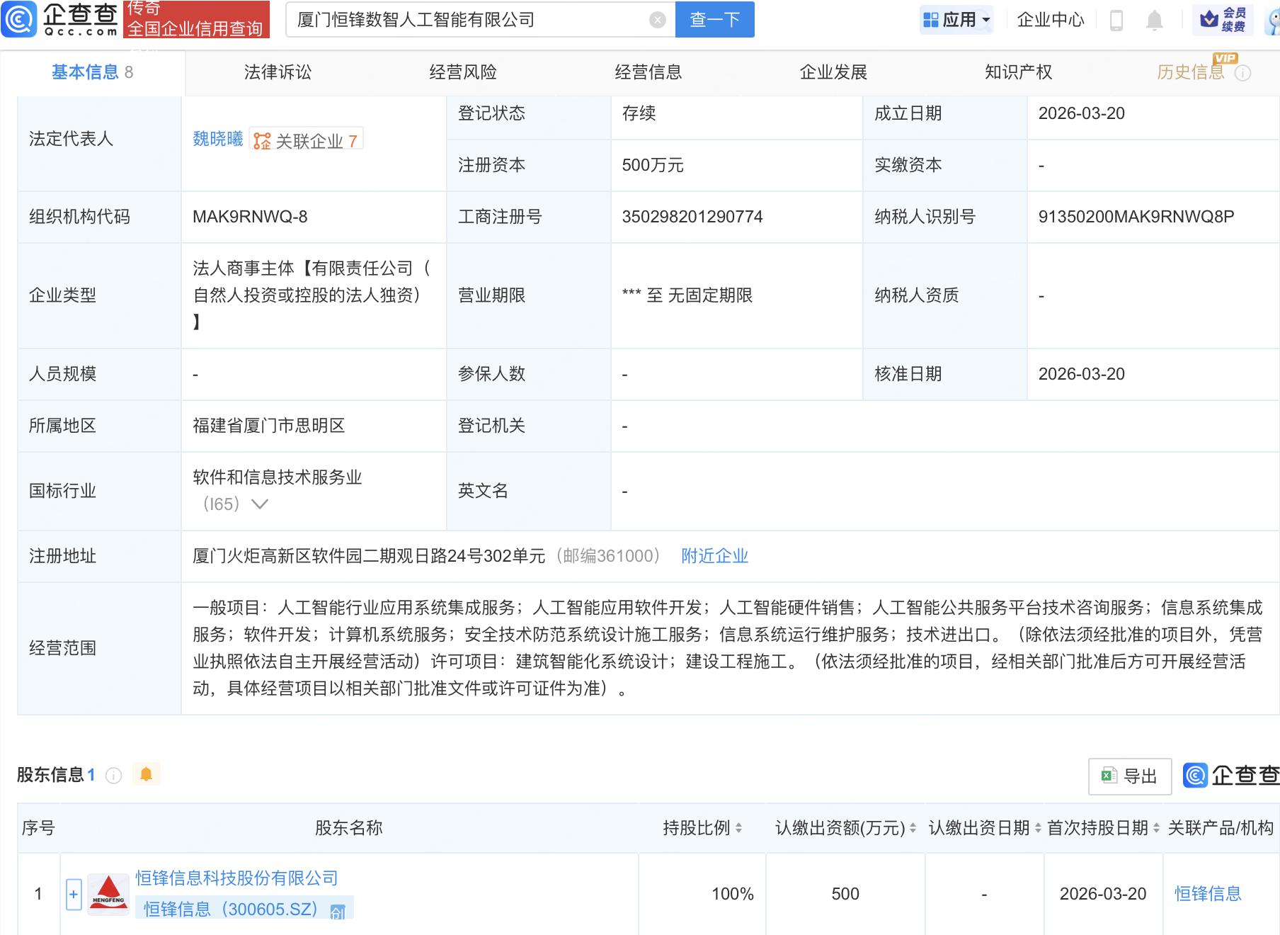 恒锋信息在厦门成立人工智能新公司