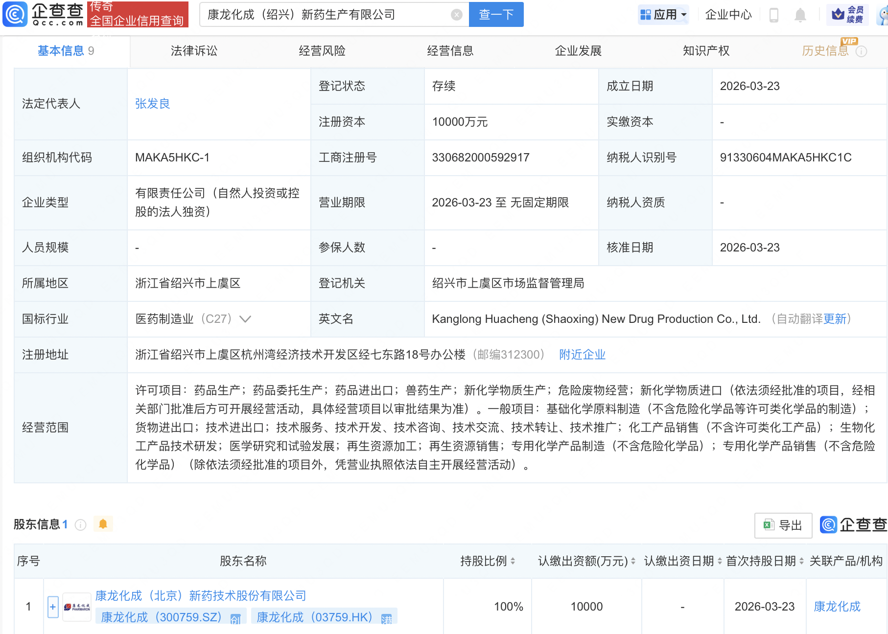 康龙化成在绍兴成立新药生产公司