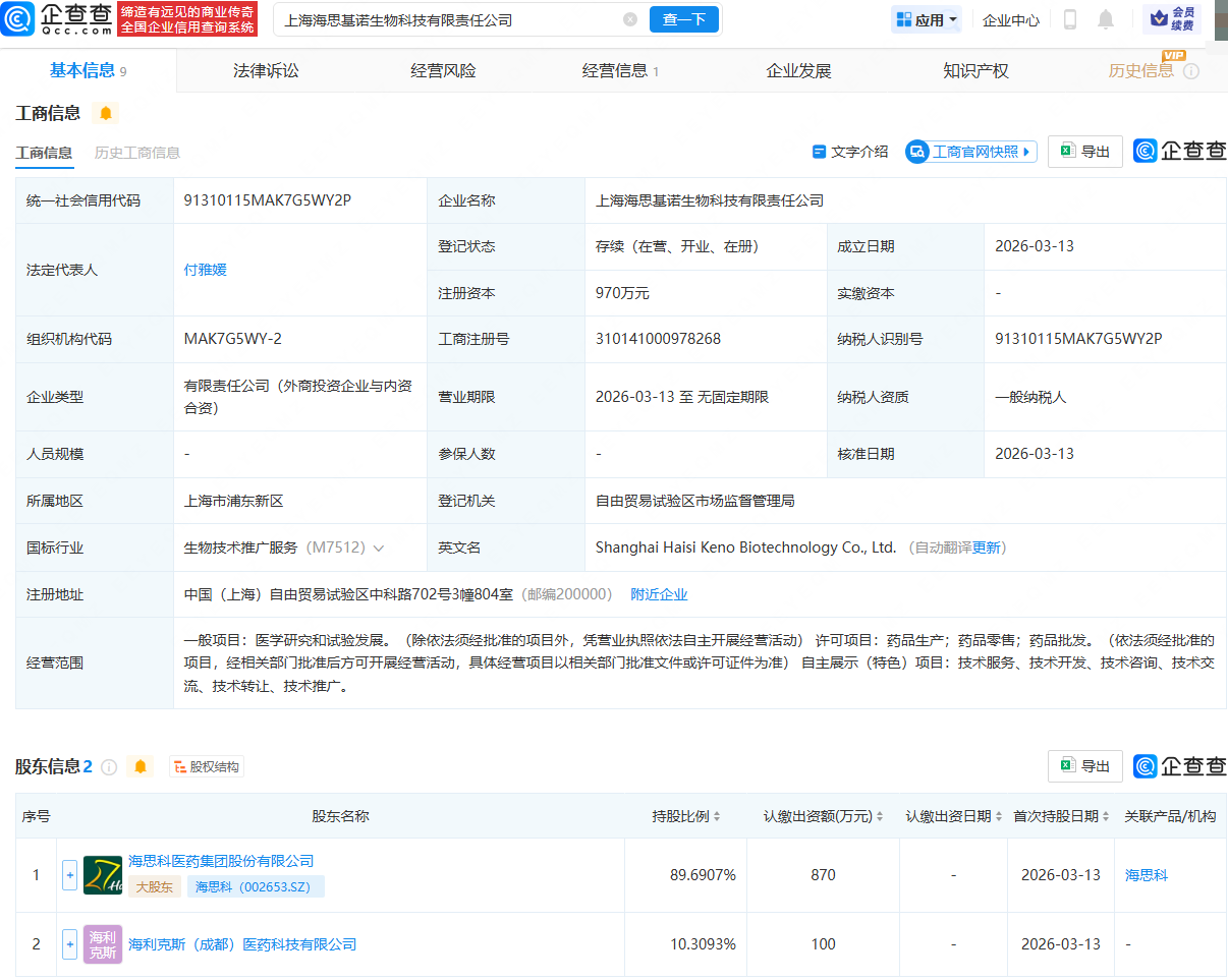海思科等成立生物科技公司