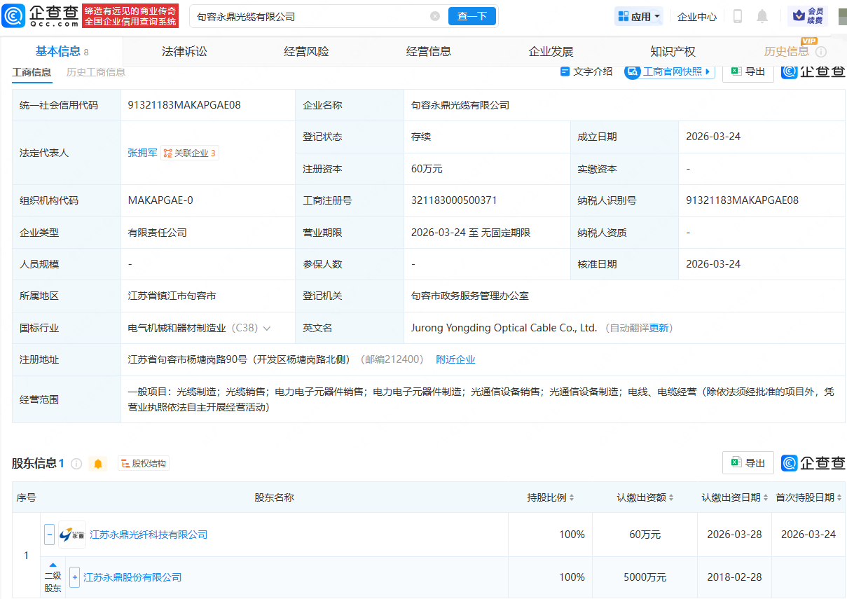 永鼎股份成立新公司，含光通信设备制造业务