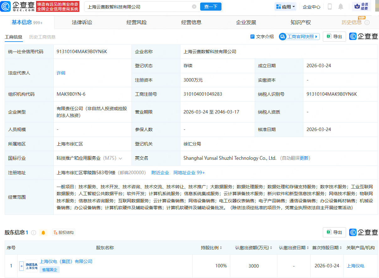上海仪电集团投资成立数智科技公司
