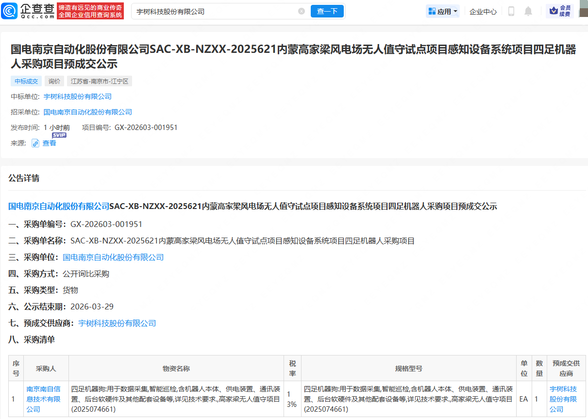 宇树科技四足机器狗中标国电南自风电场无人值守试点项目