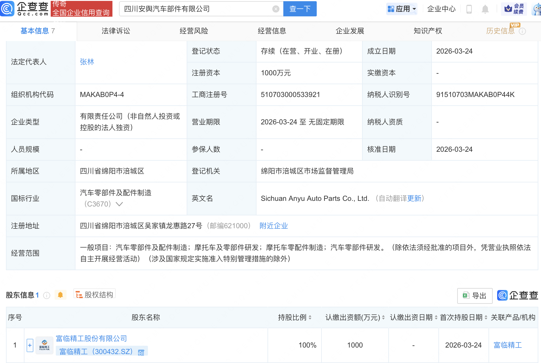 富临精工在四川成立汽车部件公司