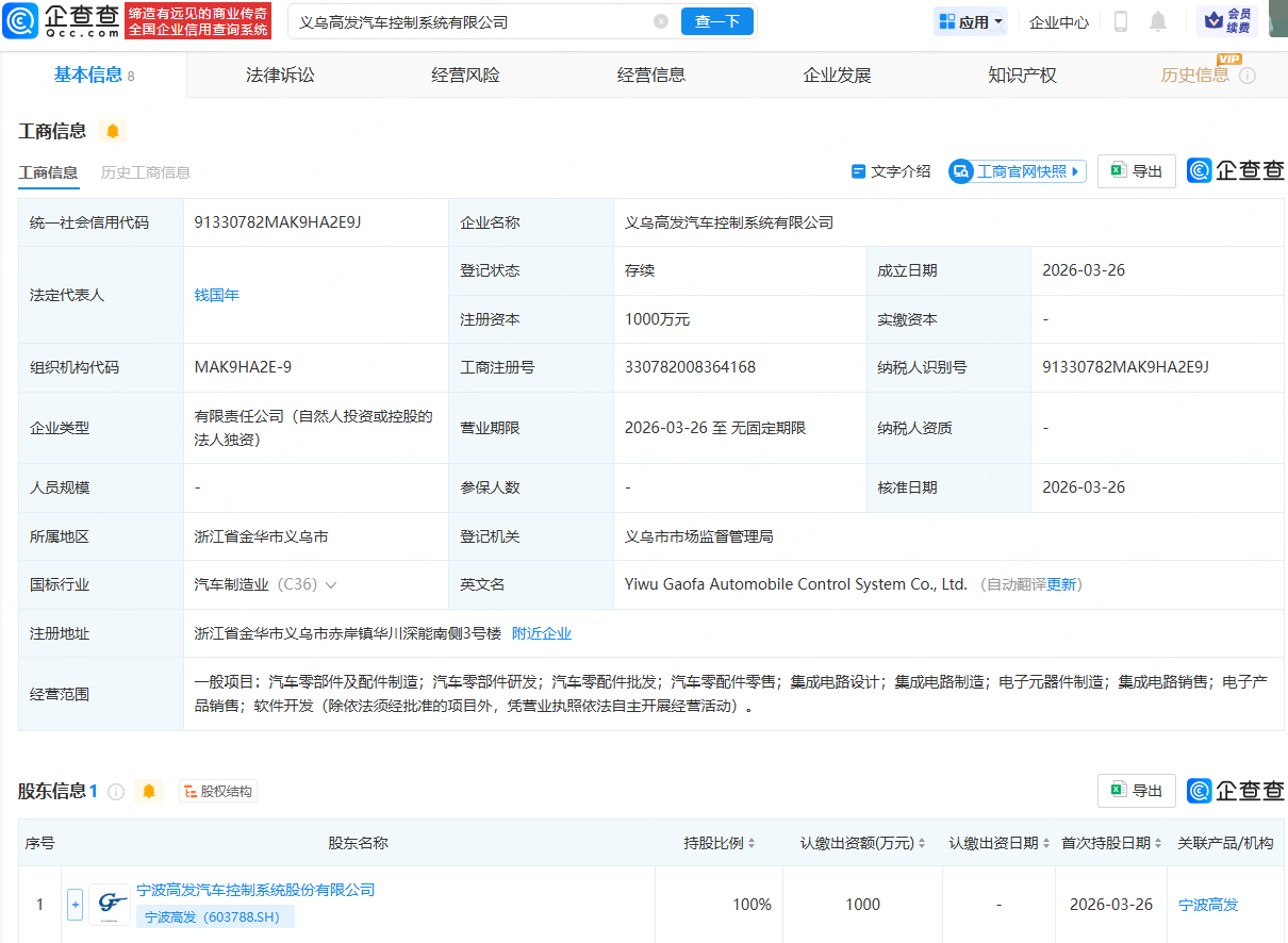 宁波高发投资成立汽车控制系统公司