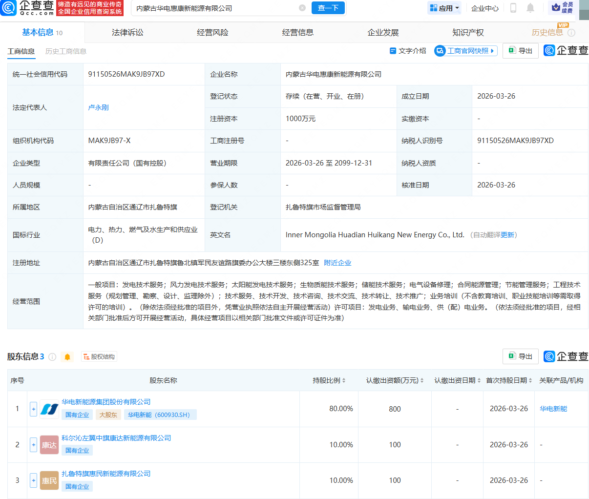 华电新能等在内蒙古成立新公司，含发电技术服务业务