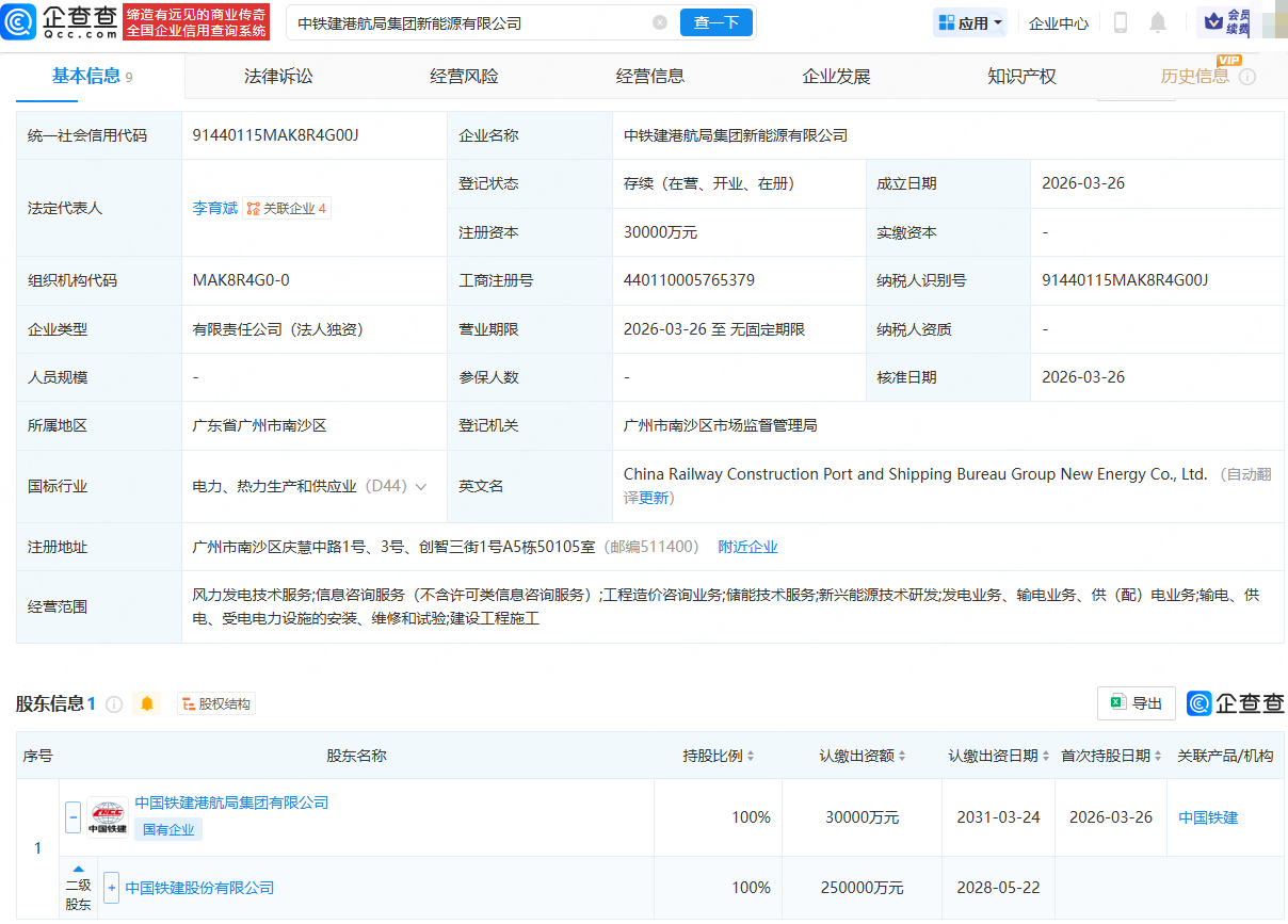 中国铁建港航局集团新能源公司注册成立