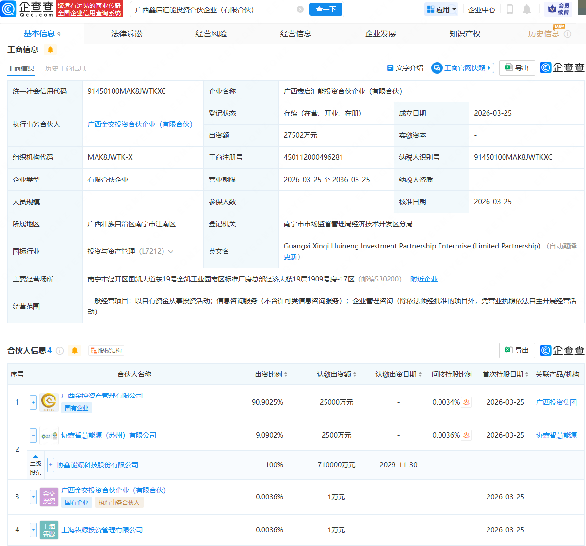 广西金控资管、协鑫能科等成立投资合伙企业
