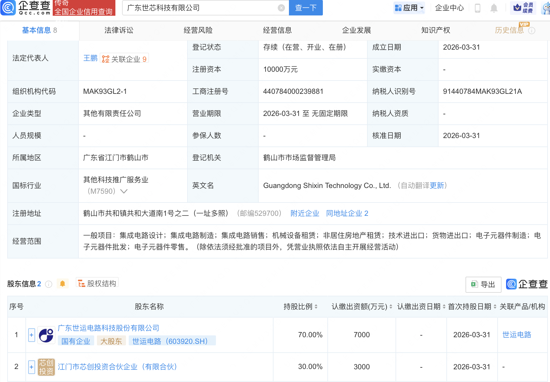 世运电路等成立科技公司，含集成电路业务