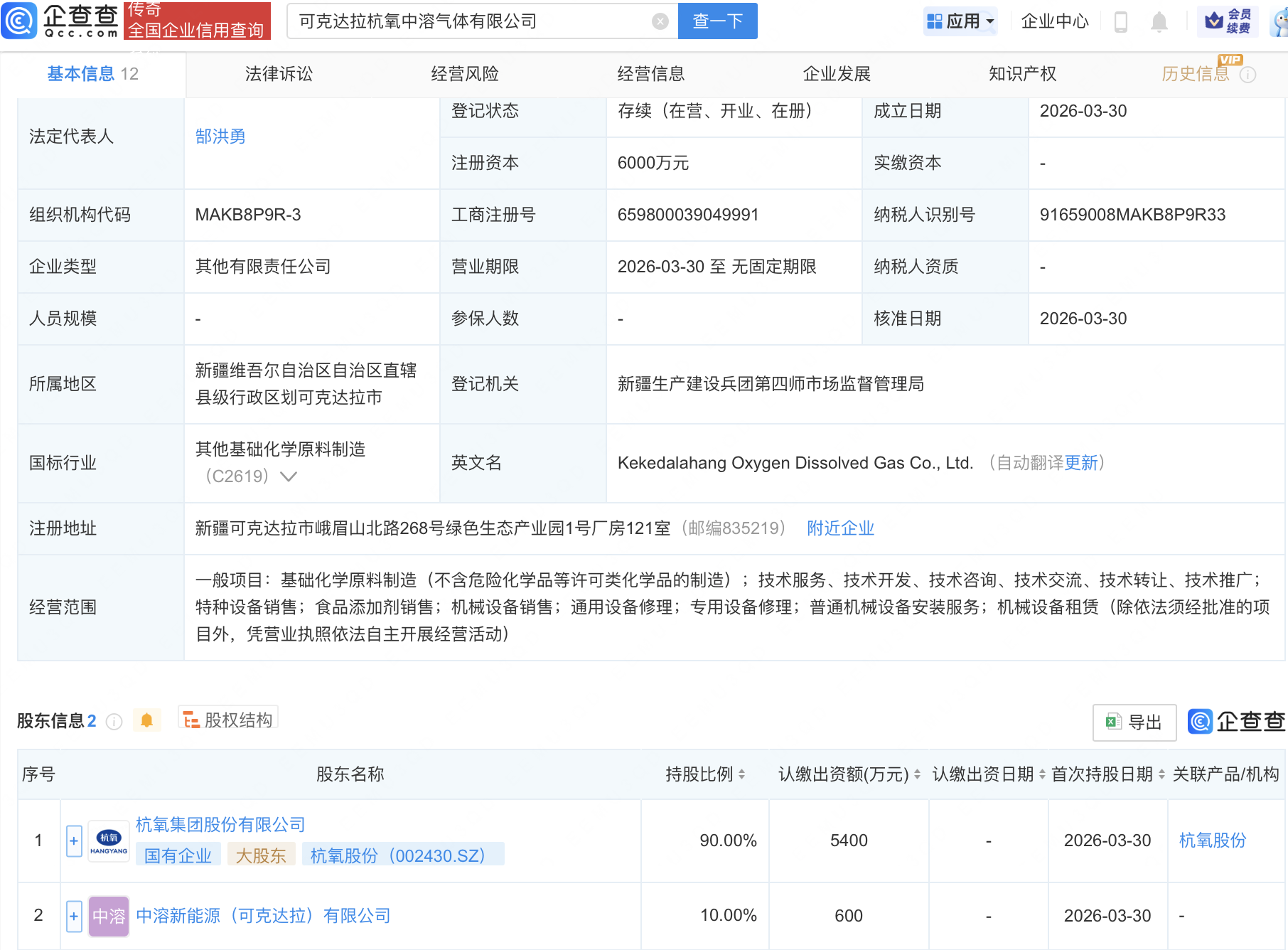 杭氧股份等在新疆投资成立新公司