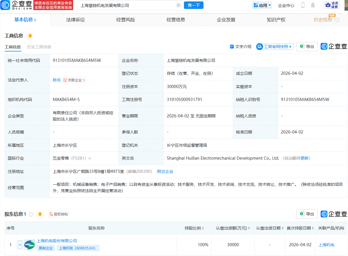 上海机电成立慧链机电发展公司，注册资本3亿元