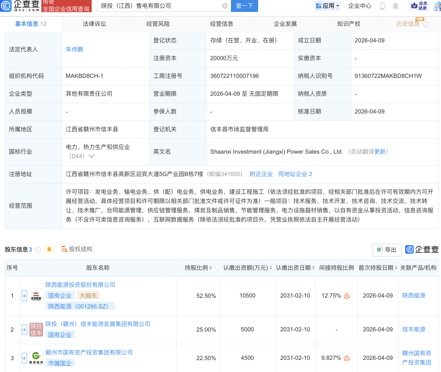 陕西能源等在江西成立售电公司，注册资本2亿元
