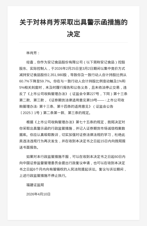 安记食品实控人林肖芳被出具警示函，涉减持未及时报告