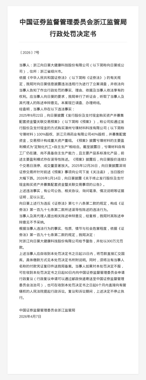 向日葵大健康科技被罚300万，责任人共被罚210万，涉信披违规