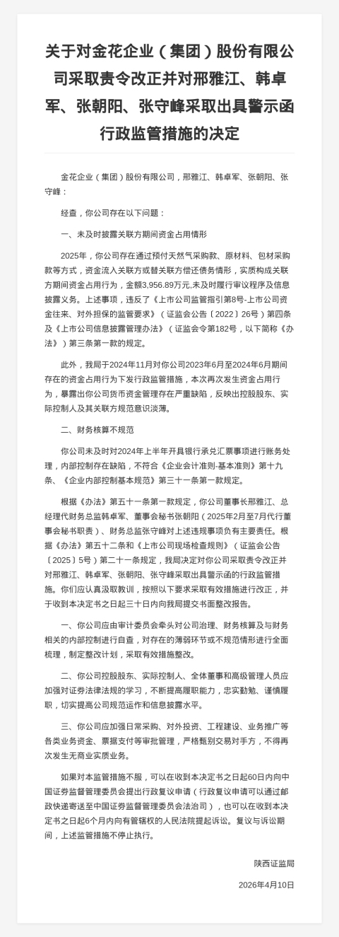 金花股份被责令改正，涉财务核算不规范等