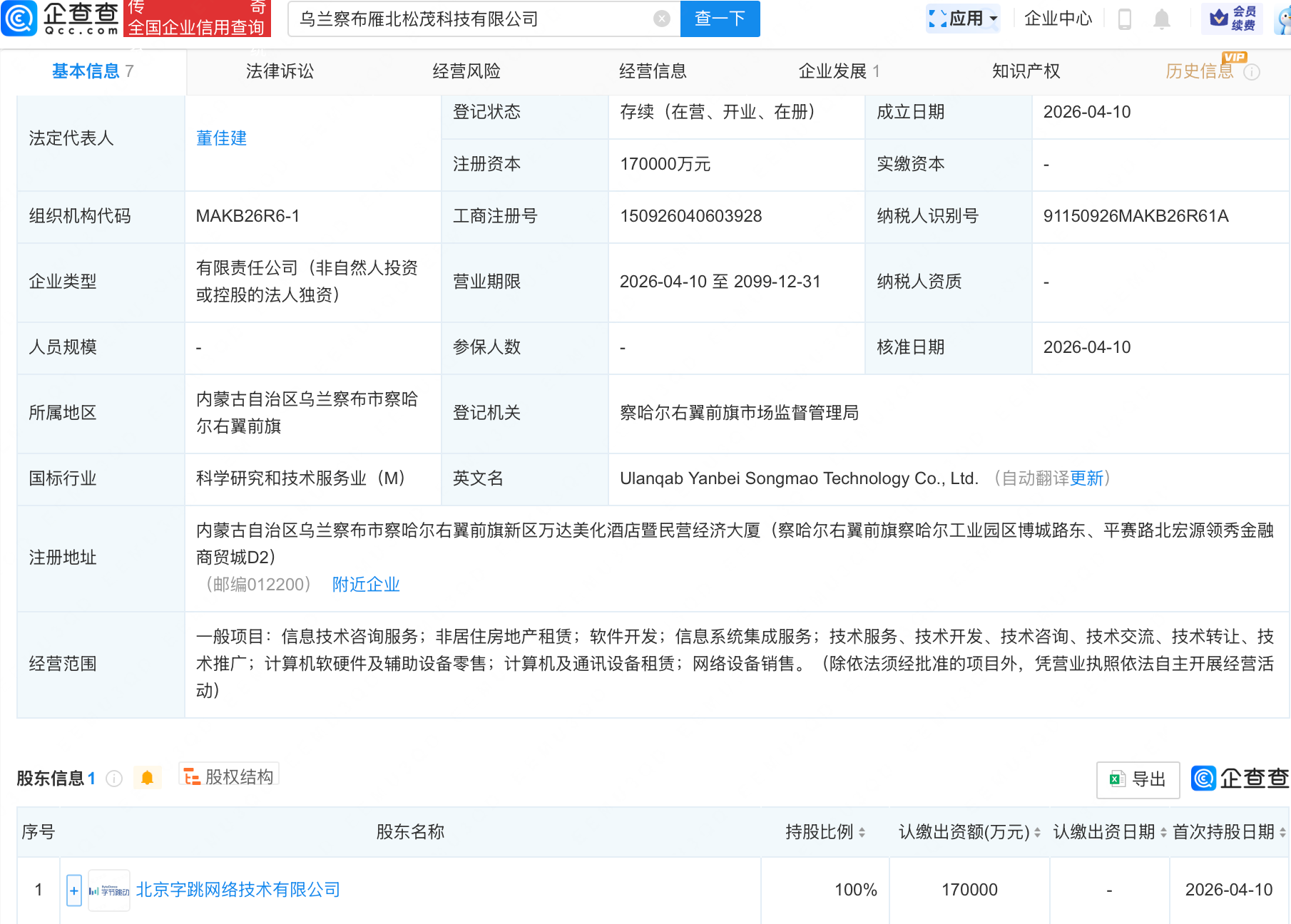 字节跳动在乌兰察布成立科技新公司，注册资本17亿