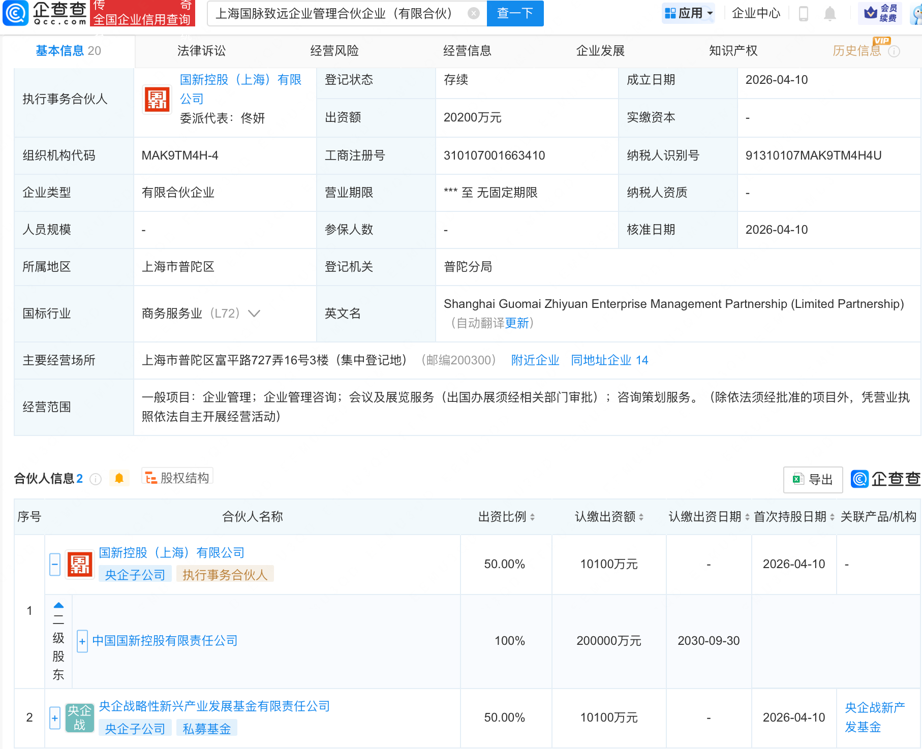 中国国新等在上海新设国脉致远企管合伙企业