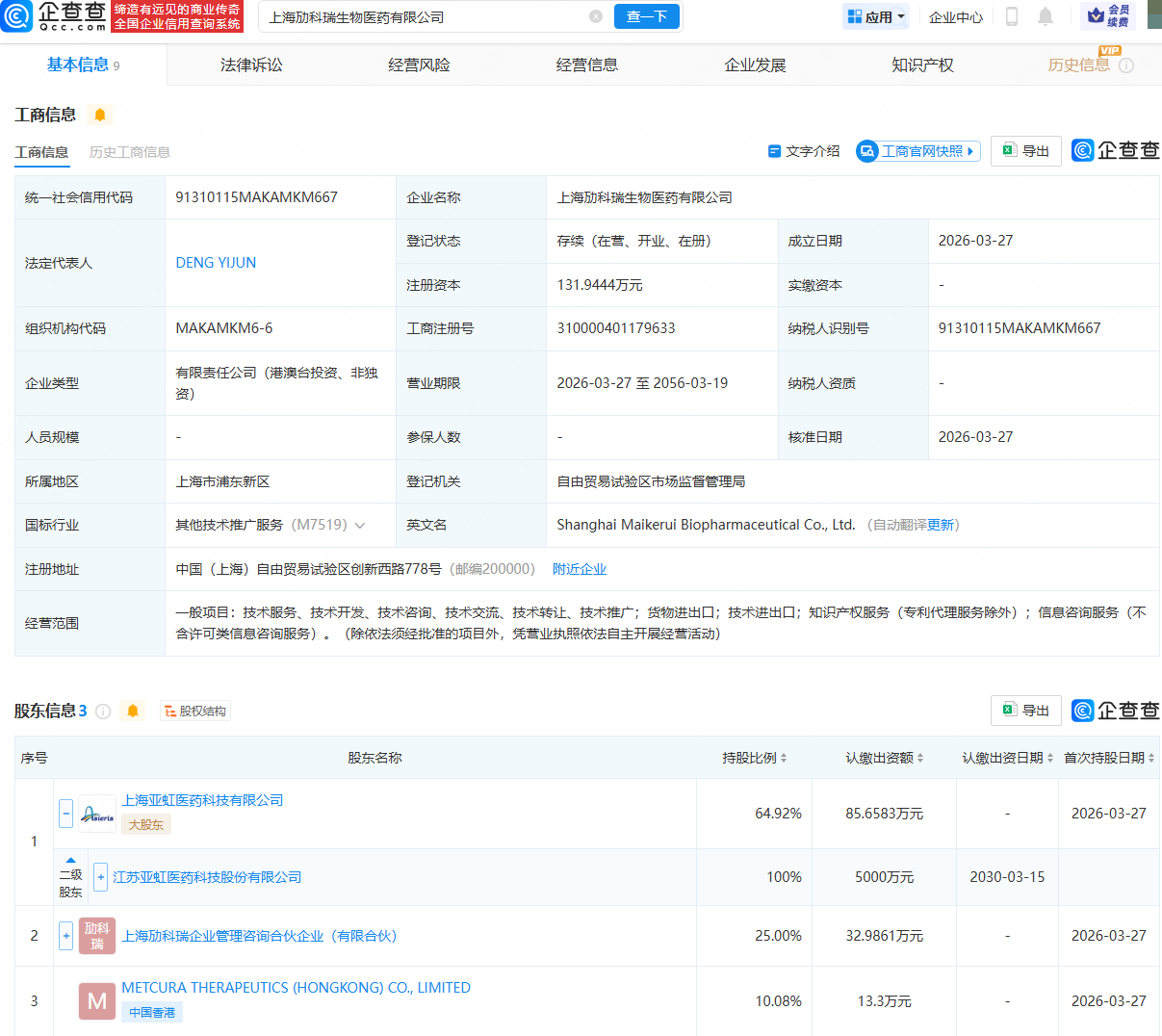 亚虹医药等成立生物医药公司