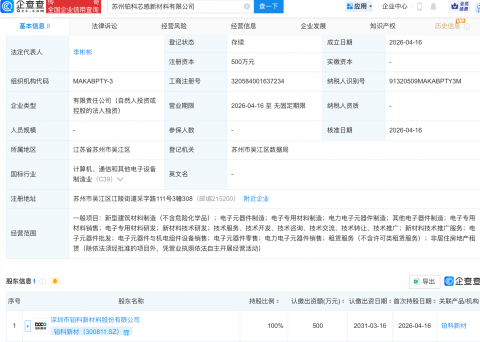 铂科新材成立芯感新材料公司