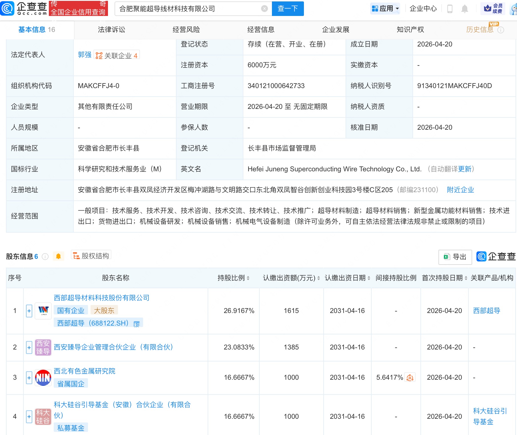 西部超导等成立聚能超导线材科技公司