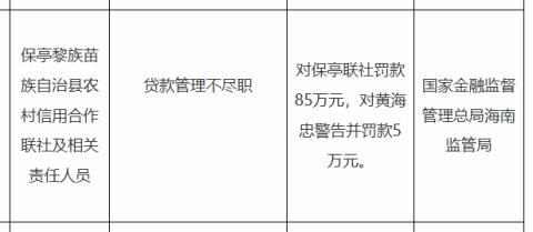保亭黎族苗族自治县农信联社被罚85万，涉贷款管理不尽职