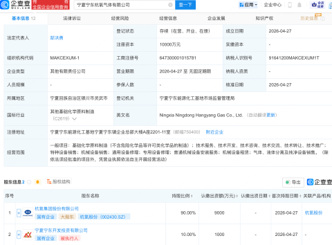 杭氧股份等在宁夏成立气体新公司