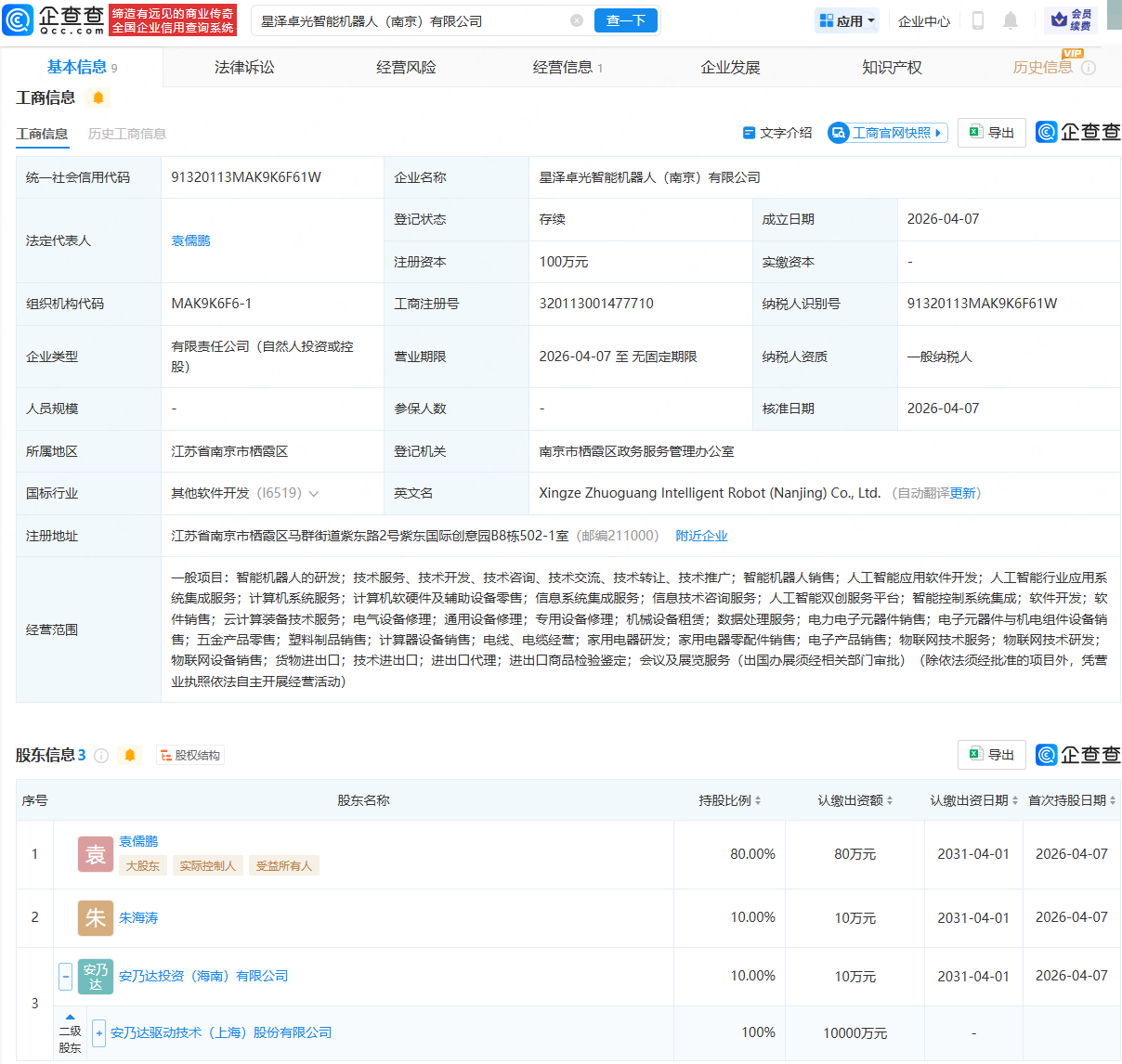 安乃达等在南京成立智能机器人公司
