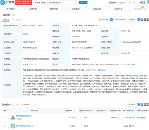 新希望在海南成立工贸发展公司