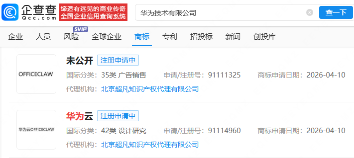 华为申请“华为云OfficeClaw”商标