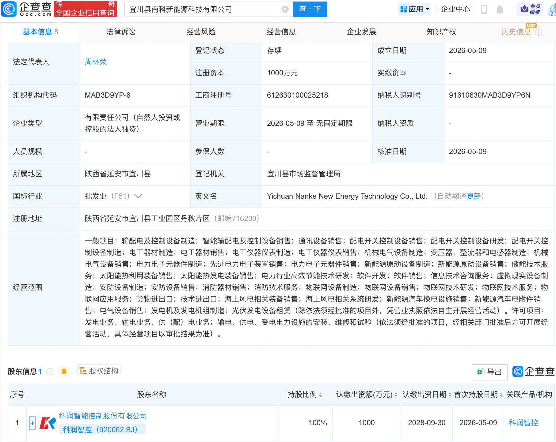 科润智控成立新能源科技公司，含物联网业务