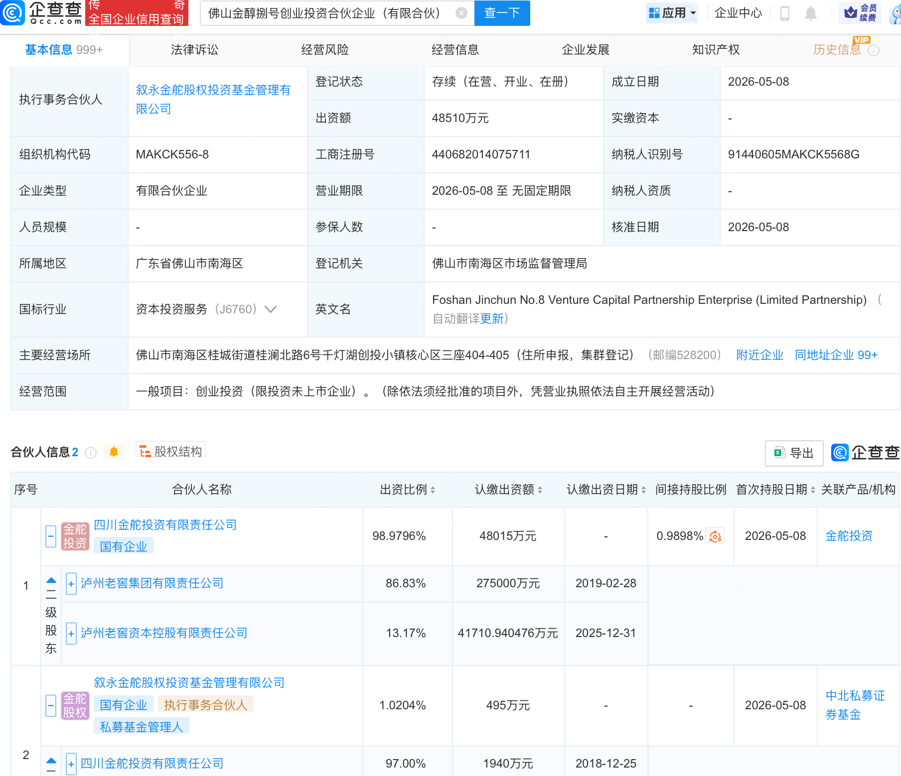 泸州老窖集团投资新设创投合伙企业，出资4.85亿