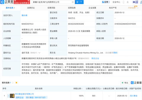 四川黄金在新疆成立矿业新公司，含贵金属冶炼业务
