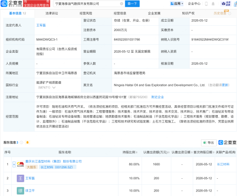 长江材料等在宁夏成立油气勘探开发公司