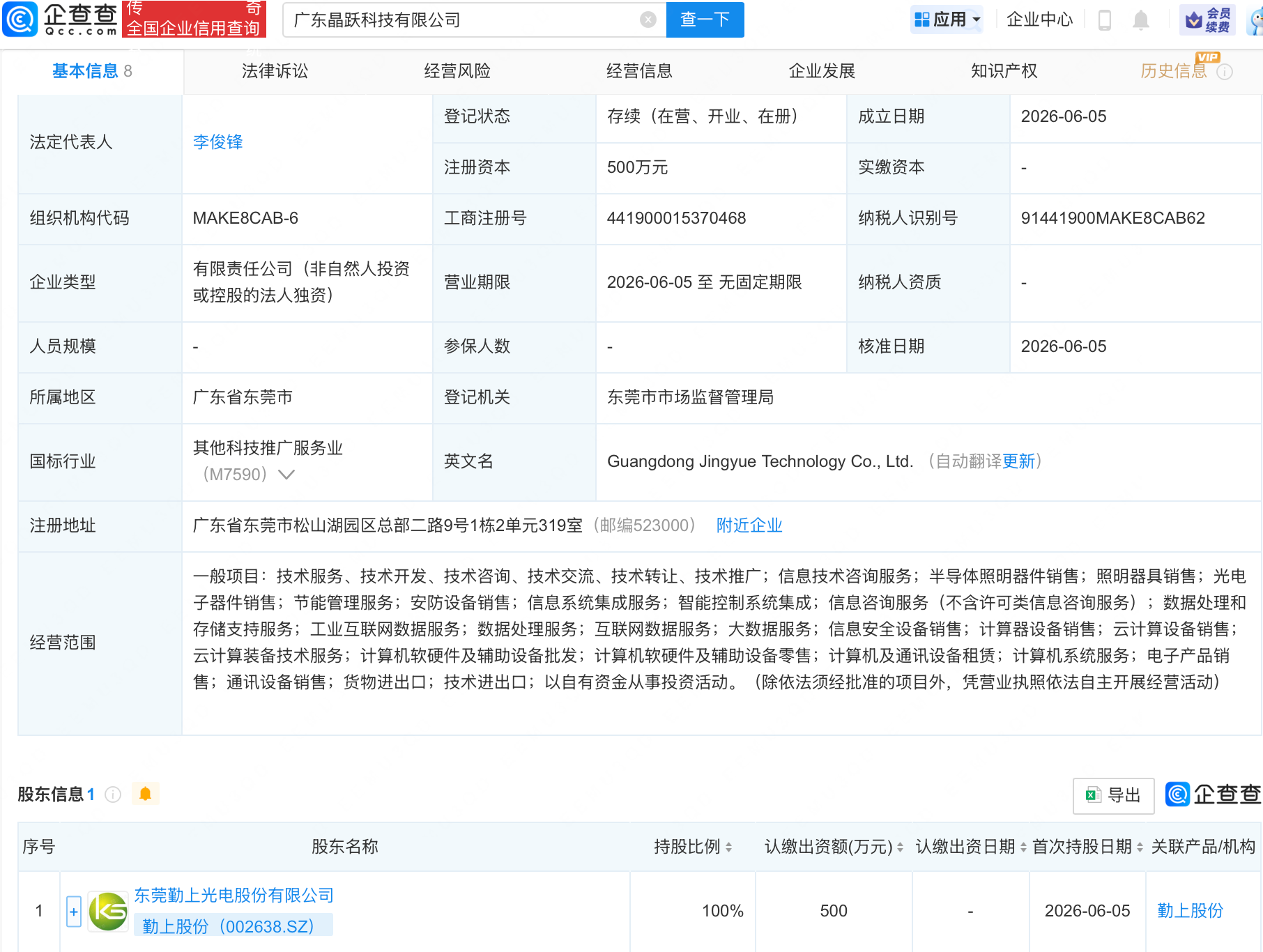 勤上股份成立晶跃科技公司，含半导体相关业务