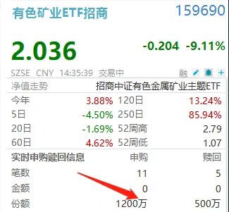 含泪加仓！有色矿业ETF招商(159690)跌超9%逼近跌停，盘中净流入扩大超1500万！