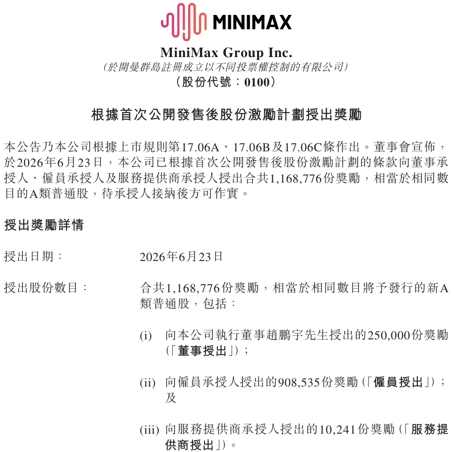 无KPI要求！MiniMax发出6亿港元“礼包”，30岁执行董事、外部服务商都有份