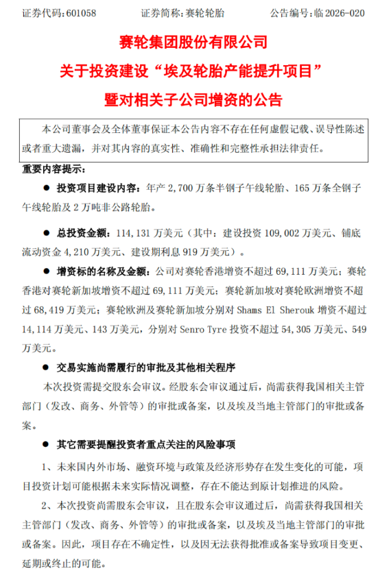 豪掷78亿加码埃及产能，赛轮轮胎全球扩张遭遇盈利、资金双重压力，股价应声回调