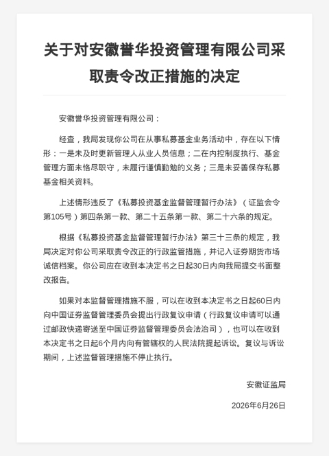 安徽誉华投资被责令改正，涉基金管理未恪尽职守等
