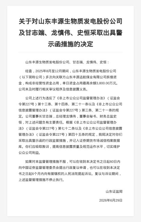丰源生物质发电被出具警示函，涉非经营性资金占用等