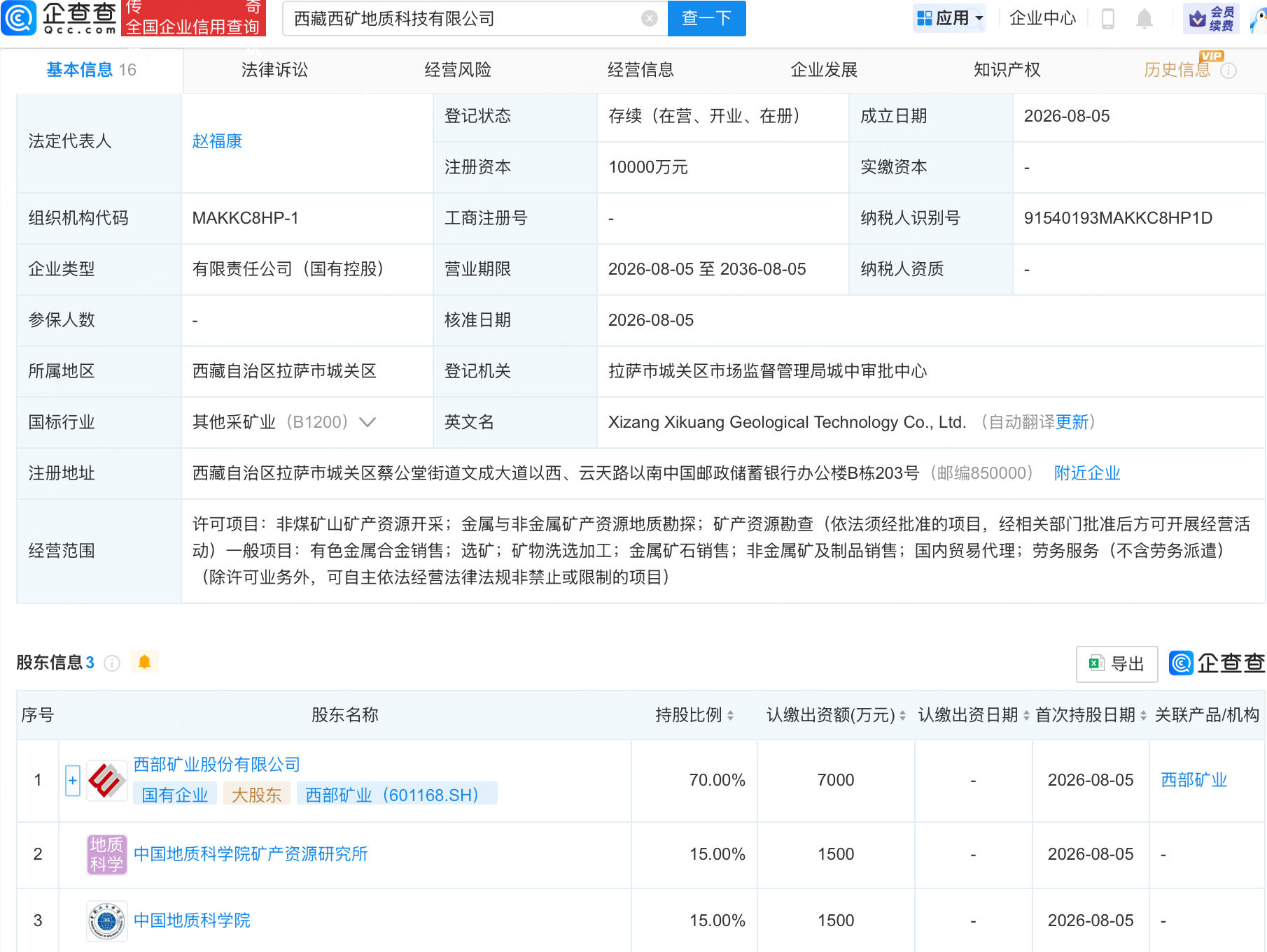 西部矿业等成立地质科技公司